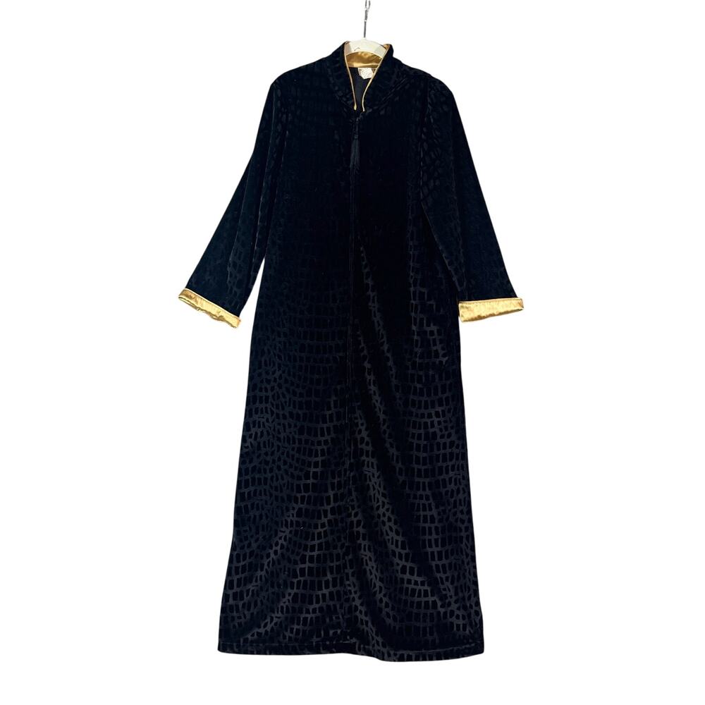 Natori Vintage Tassle Zip Front House Coat Robe Black and Gold XS